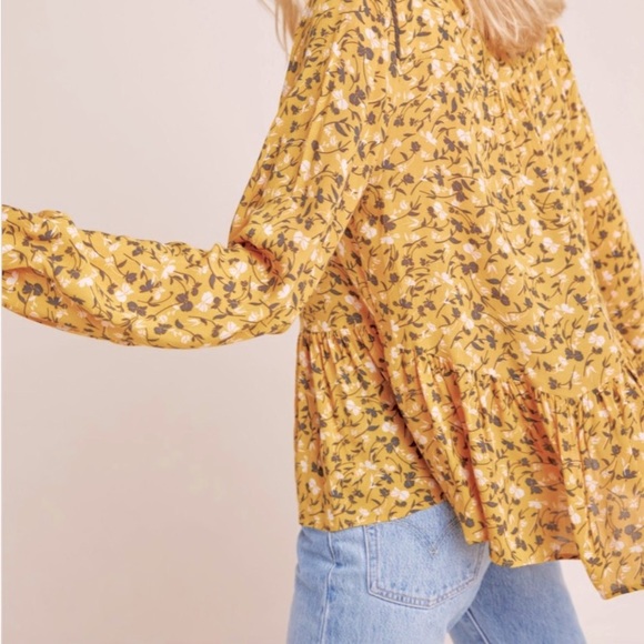 Anthro Maeve Mustard Floral Swing Peplum Blouse Top - Picture 4 of 13